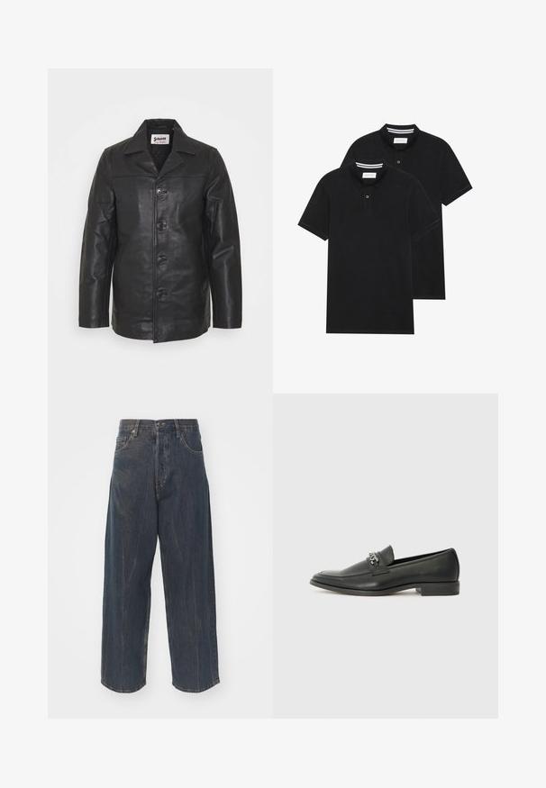 Black leather jacket with a collared neck, front button closure, side pockets, and smooth texture. Tailored fit with clean lines.; Two black polo shirts, short-sleeved, cotton material, featuring a classic collar, two-button placket, and white striped accents inside the collar.; Wide-leg dark blue denim jeans with subtle distressed texture, five pockets, and a classic button and zipper closure at the waist.; Black leather loafer with a smooth finish, featuring a stitched design and a decorative metal chain accent across the vamp. Flat heel.