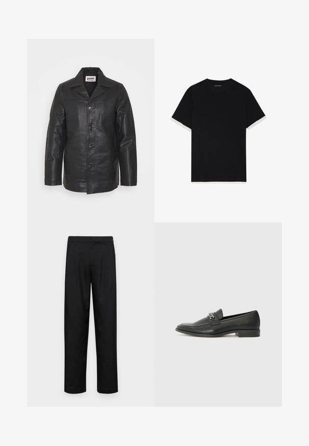 Black leather jacket with a collared neck, front button closure, side pockets, and smooth texture. Tailored fit with clean lines.; Black short-sleeve t-shirt with a textured fabric, featuring white accents on the cuffs. Rounded neckline, relaxed fit.; Black trousers made of smooth fabric, featuring a straight-leg design, two front pleats, and standard waistband with belt loops.; Black leather loafer with a smooth finish, featuring a stitched design and a decorative metal chain accent across the vamp. Flat heel.