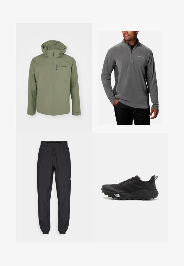Grønn Columbia-jakke med glidelås foran, justerbar hette og brystlomme. Har en glatt, matt stofftekstur og tettsittende design.; Grå fleece-pullover med kvart-glidelås design, myk tekstur, lange ermer, og logo på brystet. Akzent med kontrasterende sidepaneler.; Sorte idrettsbukser laget av lett stoff, med snor i livet, sidelommer og smale mansjetter ved anklene.; Svart terrengløpesko med teksturert overdel, gummisåle og forsterket tåhette. Har polstret krage og løftestropp for enkel påkledning.