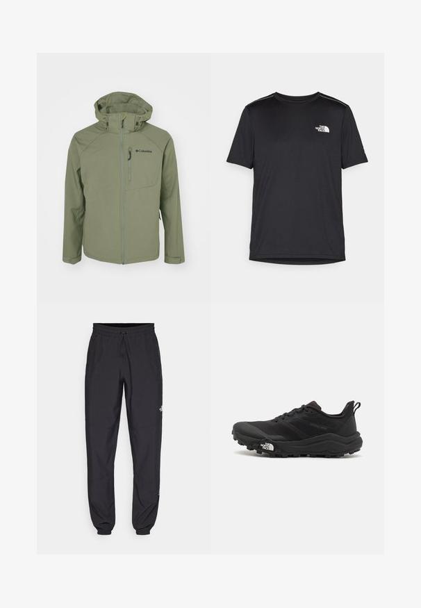 Zielona kurtka Columbia z zamkiem z przodu, regulowanym kapturem i kieszenią na piersi. Charakteryzuje się gładką, matową fakturą materiału oraz dopasowanym krojem.; Czarny t-shirt z krótkim rękawem, wykonany z lekkiego materiału. Posiada małe białe logo na lewej piersi oraz subtelne akcenty na ramionach.; Czarne spodenki sportowe wykonane z lekkiego materiału, z elastycznym pasem na sznurek, bocznymi kieszeniami i zwężanymi mankietami przy kostkach.; Czarne buty do biegania w terenie z teksturowaną cholewką, gumową podeszwą i wzmocnionym noskiem. Posiadają wyściełany kołnierz oraz uchwyt do łatwego zakładania.