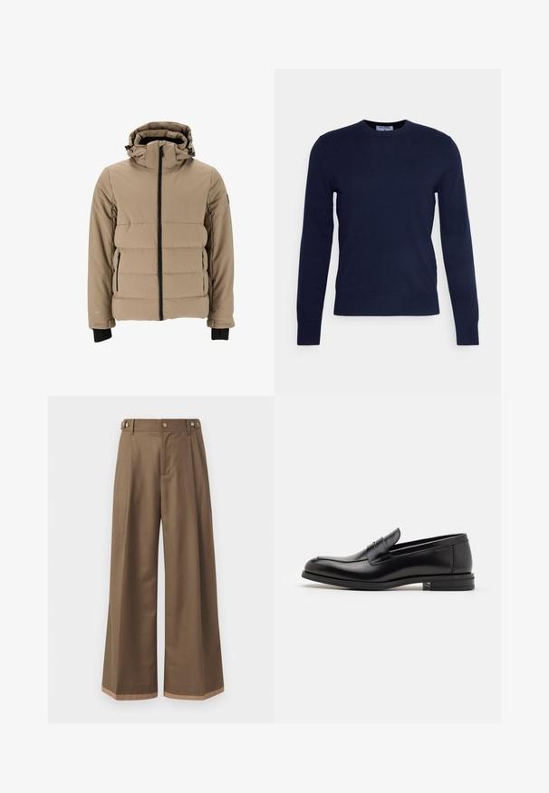 Beige-puffertakki, jossa on irrotettava huppu, vetoketjullinen etuosa, sivutaskut ja mustat yksityiskohdat hihansuissa ja vetoketjussa.; Tummansininen pyöreäkauluksinen neulepusero, joka on valmistettu pehmeästä kankaasta ja jossa on pitkät hihat sekä resorihelma. Ei näkyviä kuvioita tai koristeluita.; Valkoiset housut tummasta ruskeasta kankaasta, joissa on kaksi sivutaskua, kaksi koristeellista etunappia ja kontrastivärinen helma.; Mustat nahkakengät, joissa on sileä pinta, pyöreä kärki ja koristeellinen nauha jalkapöydän yli. Matala pinoitu koroke, minimalistinen muotoilu.