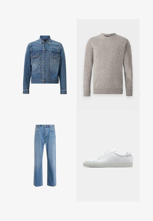 Modrá denimová bunda s klasickým designem, dvěma předními kapsami, zapínáním na knoflíky a lehkým vyblednutím pro texturu a detaily.; Svetle šedý pletený svetr s kulatým výstřihem, dlouhými rukávy a žebrovanými manžetami a lemem. Texturovaný vzor s barevnými skvrnami.; Světle modré džínové kalhoty s rovnými nohavicemi, pěti kapsami, zapínáním na knoflík, minimálním vyblednutím a kontrastním prošitím.; Bílé tenisky s hladkým koženým svrškem a nízkým profilem. Mají zaoblenou špičku, šest nýtů a texturovanou gumovou podrážku.