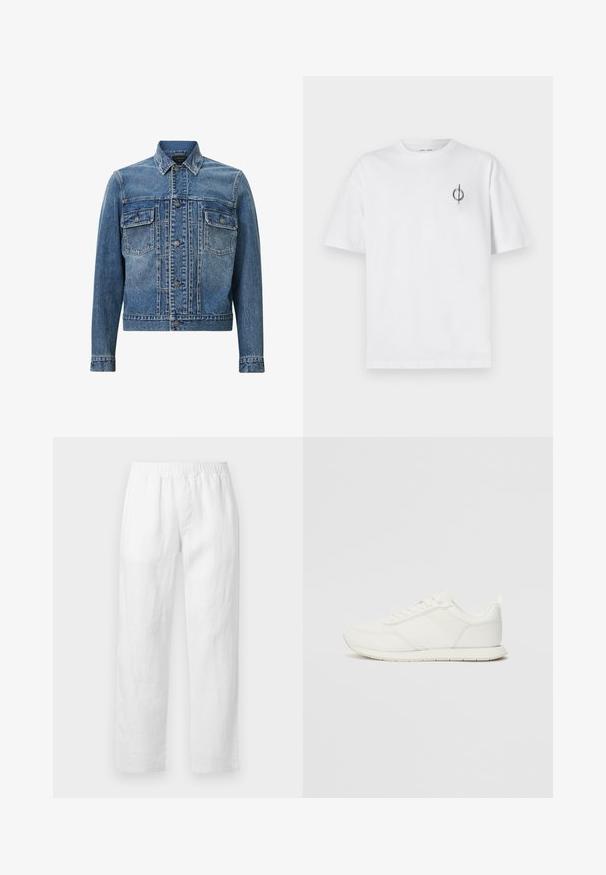 Jaqueta de ganga azul com um design clássico, dois bolsos frontais, fecho de botão e um leve desbotamento para textura e detalhe.; Camisa de algodão branca com um corte relaxado, apresentando um pequeno logótipo gráfico preto na área do peito esquerdo. Mangas curtas, estilo de gola redonda.; Calças de linho branco com cintura elástica, corte reto e textura suave, sem padrões visíveis ou detalhes de ferragens.; Sapatilha branca com parte superior em malha e sintético, bico arredondado, atacadores planos e uma faixa lateral texturizada. Sola em borracha com uma alça na parte de trás.