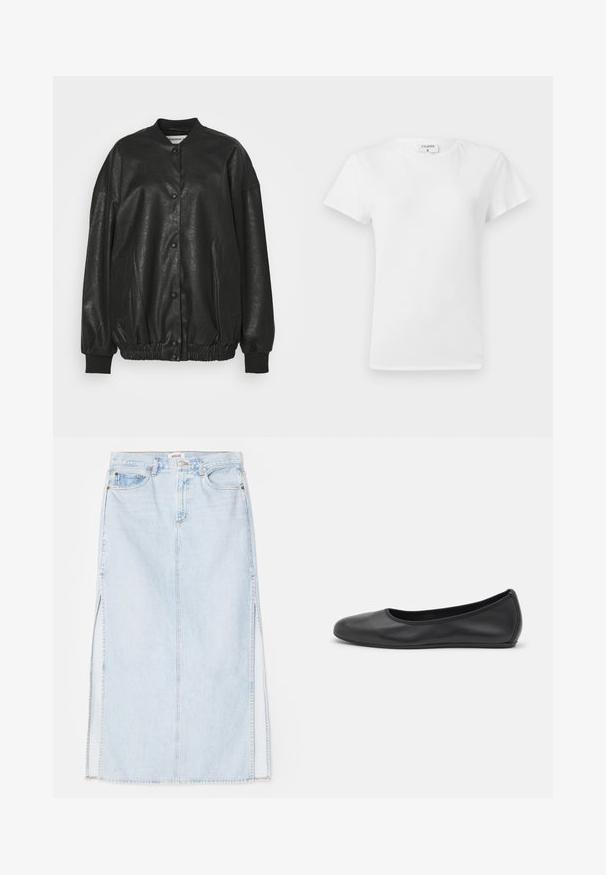 Giacca bomber nera in ecopelle con colletto a coste, chiusura a bottoni a pressione, vita elasticizzata e tasche laterali.; T-shirt bianco in cotone con colletto a girocollo e maniche corte, caratterizzato da una vestibilità rilassata e un design minimalista. Etichetta visibile sul collo.; Gonna maxi in denim azzurro chiaro con taglio dritto, dotata di spacchi laterali e design a cinque tasche. Cuciture in evidenza e chiusura con bottone in metallo.; Pantofole da balletto nere in pelle con punta arrotondata, texture liscia, dettagli di cucitura minimi e design con suola flessibile.