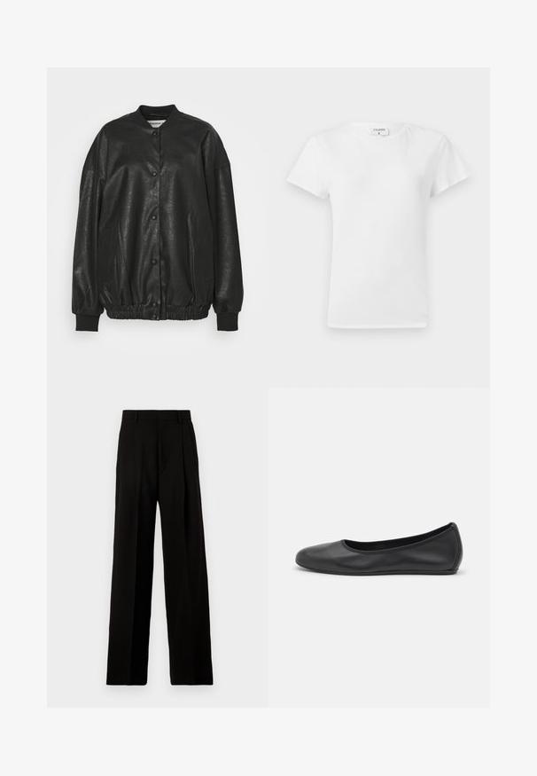 Chaqueta bomber de imitación cuero negra con cuello acanalado, cierre de botones a presión, cintura elástica y bolsillos laterales.; Camiseta blanca de algodón con cuello redondo y mangas cortas, que presenta un corte relajado y un diseño minimalista. Etiqueta visible en el cuello.; Pantalones de pierna ancha negros, confeccionados en una tela suave, con una cintura alta, pliegues frontales y un diseño limpio y estructurado sin adornos.; Bailarina de piel negra con punta redondeada, textura suave, detalle de costura minimalista y diseño de suela flexible.