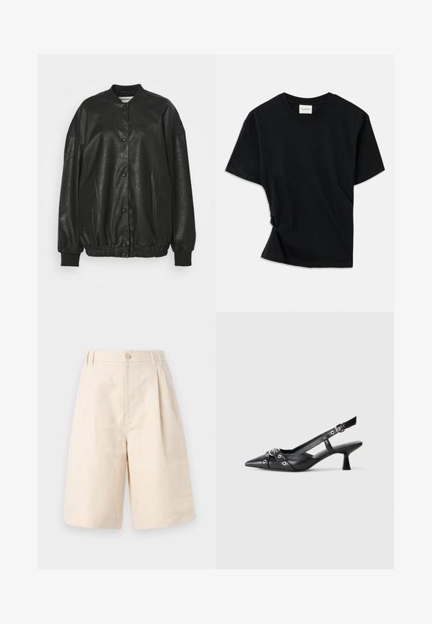 Svart bomberjacka i imitation läder med ribbad krage, tryckknappsstängning, elastisk midja och sidofickor.; Svart t-shirt i mjuk bomull, med rund halsringning, korta ärmar och en lätt snedvriden design för en avslappnad passform.; Beige linnebyxor med avslappnad passform, utrustade med knappstängning, plisserad design och knälång längd. Slät textur och enkel stil.; Svart lädersko med slingback-design, spetsig tå, dekorativa remmar med metallöglor och en låg klack. Texturerad yta.