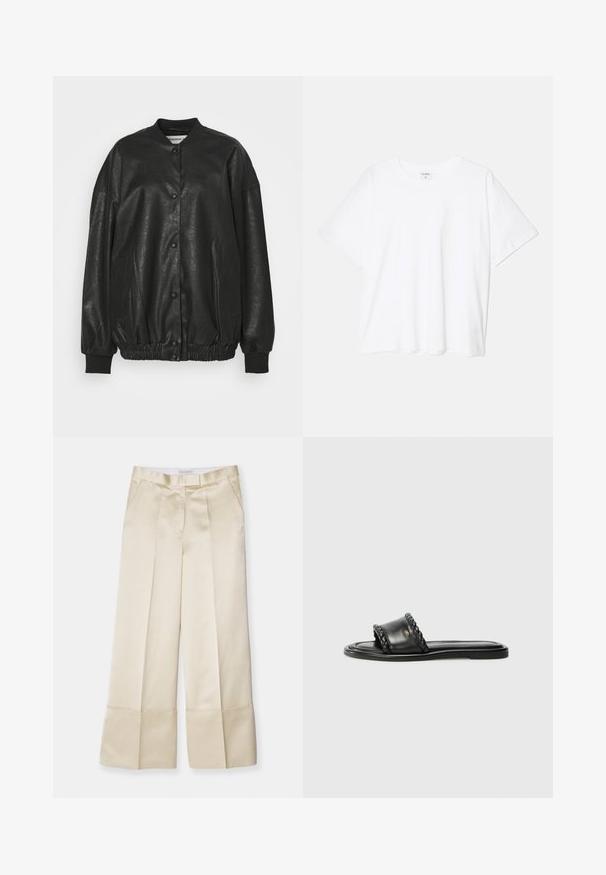Zwarte neplederen bomberjack met een ribbelkraag, drukknoopsluiting, elastische tailleband en zijzakken.; Witte katoenen t-shirt met korte mouwen, ronde halslijn, comfortabele pasvorm en gestikte zoom. Etiket zichtbaar aan de binnenzijde van de hals.; Beige wijde broek in gladde stof met een hoge tailleband, geplooide voorkant en omgevouwen zoom, met zijzakken en een nette afwerking.; Zwarte leren sandaal met een geweven riemdetail, platte zool en een strak ontwerp. Gladde textuur en minimalistisch profiel.