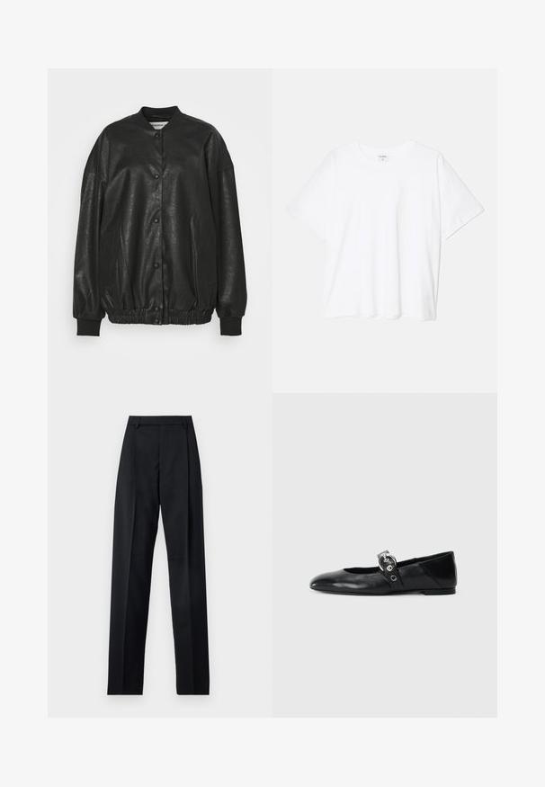 Black faux leather bomber jacket with a ribbed collar, snap button closure, elasticated waistband, and side pockets.; White cotton t-shirt with short sleeves, round neckline, relaxed fit, and stitched hem. Label visible on the inside neck.; Black trousers made from smooth fabric featuring a high waist, wide legs, front pleats, and classic belt loops. No side pockets visible.; Black leather ballet flats with a pointed toe, featuring a strap with a circular metallic buckle and a flat sole.