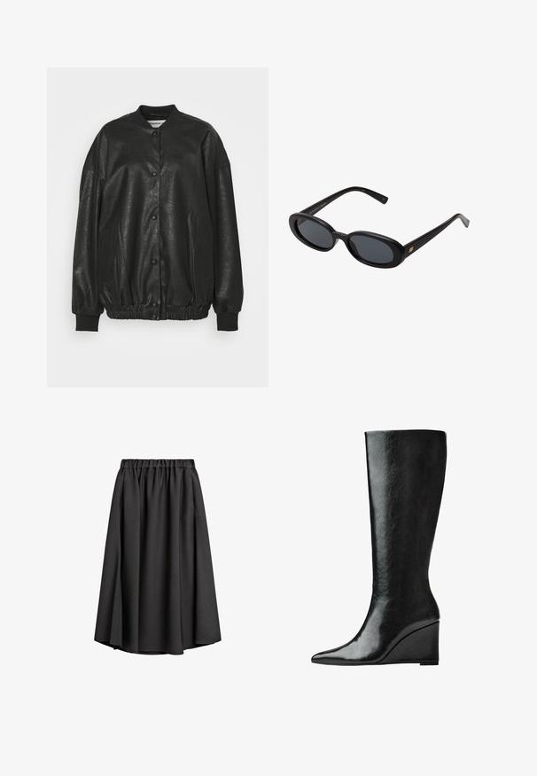 Zwarte neplederen bomberjack met een ribbelkraag, drukknoopsluiting, elastische tailleband en zijzakken.; Langsleeve shirt van zachte, lichtblauwe stof. Heeft een brede ronde halslijn en een rechte snit met zijsplitten. Soepele textuur.; Zwarte midi rok van lichtgewicht, vloeiende stof met een elastische tailleband en een lichte A-lijn silhoutte. Geen zichtbare patronen of accenten.; Kniehoge zwarte leren laarzen met een slanke, puntige neus en een wiggle heel. Het oppervlak is glad met een glanzende afwerking.; Zwarte oversized zonnebril met ovale lenzen, een glad plastic montuur en gouden accenten op de pootjes. Donkere lenzen bieden bescherming tegen de zon.; Lichtblauw neplederen handtas met een gestructureerde vorm, gouden hardware accenten, een ritsvak en decoratieve franjes aan de zijkanten.