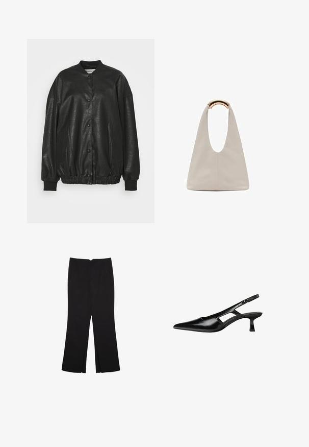 Black faux leather bomber jacket with a ribbed collar, snap button closure, elasticated waistband, and side pockets.; Black long-sleeve cropped top with round neckline, plain design, and a slightly curved hem.; Black trousers with a straight fit, featuring front pockets and side slits at the hem. Made of soft, smooth fabric. Suitable for various occasions.; Black patent leather slingback heels with a pointed toe, cut-out side design, and a small square heel. Smooth texture with minimal accents.; Light gray leather bag with a U-shaped design and a curved metallic handle. Smooth texture with minimal stitching and no visible patterns.