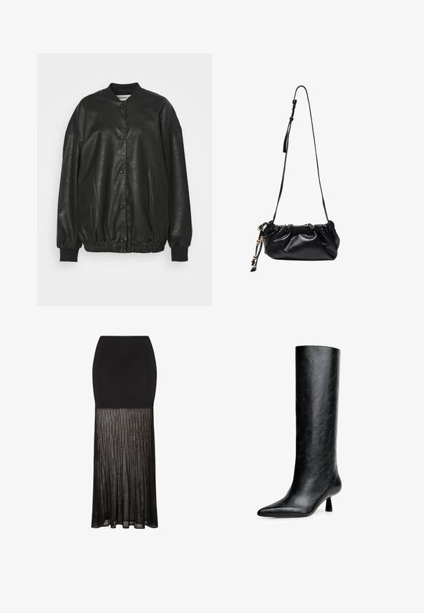 Crna jakna od umjetne kože bomber stila s rebrastim ovratnikom, zatvaranjem na kopčanje, elastičnim pojasom i bočnim džepovima.; Crna majica dugih rukava s čvrstim tijelom i prozirnim mrežastim rukavima, okruglim izrezom i uskim krojem.; Crna suknja s uskim topom i naboranim, prozirnim donjim dijelom. Glatka tekstura iznad prelazi u lepršav, teksturiran izgled ispod.; Crne čizme do koljena od teksturirane kože. Imaju špicasti vrh i mali, rašireni potplat. Elegantnog su, glatkog dizajna s minimalnim naglascima.; Crna kožna torba s nabranim vrhom, podesivim remenom i ukrasnim resicama. Glatka tekstura i kompaktan dizajn za lakše nošenje.