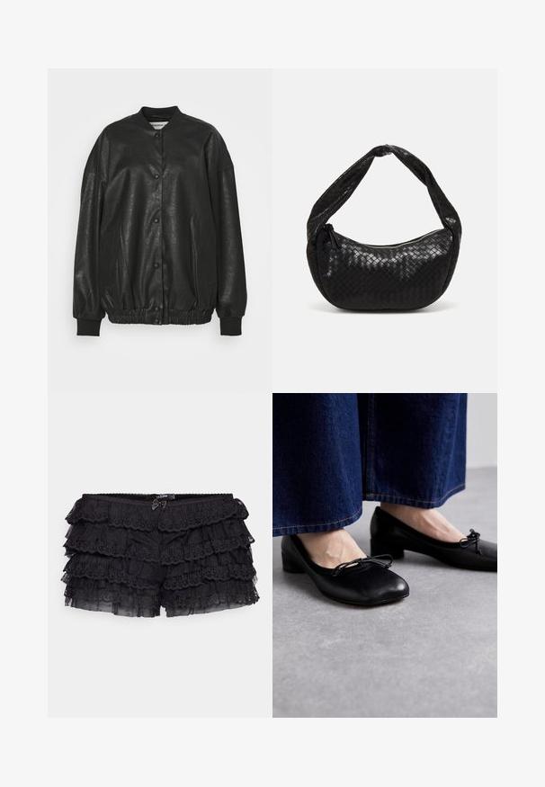 Črna umetna usnjena bomberska jakna z rebrastim ovratnikom, gumbom za zapiranje, elastičnim pasom in stranskimi žepi.; Bela kratka majica s kratkimi rokavi iz bombaža. Ima okroglo izrezovanje in sproščen kroj. Gladka tekstura brez vidnih vzorcev ali poudarkov.; Jaded London BLOOMER SHORTS - Kratke hlače - black; Črne usnjene čevlje s kvadratnim nosom in majhnim peto, ki imajo okrasno pentljo spredaj. Nosijo se z temnimi traper hlačami.; Črna pletena usnjena torbica s ukrivljenim oblikom, opremljena s širokim ročajem in zadrgo za zapiranje. Teksturirana površina z sijočim zaključkom.