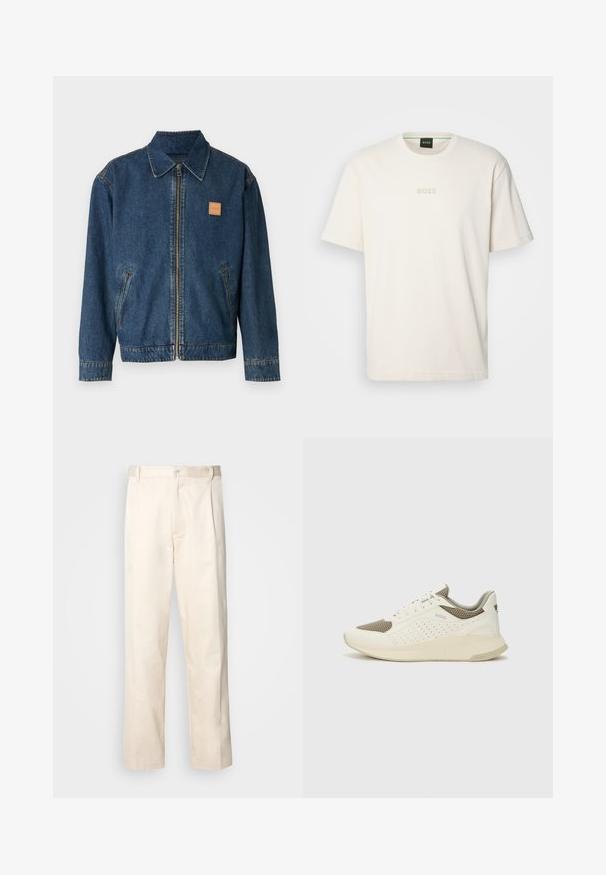 COACH ZIP FRONT JACKET - Farkkutakki - dark wash; BOSS TEE - T-paita - open white; Vaaleanbeige puuvillahousut, joissa on suora lahje, varustettu nappisulkeisella ja etupuolella olevilla laskoksilla lisäyksinä.; Valkoinen ja vaaleanbeige urheilukengät, joissa on verkkomateriaali yläosa, rei'itettyjä yksityiskohtia ja teksturoitu välipohja, jossa on brändäys kantapäässä.