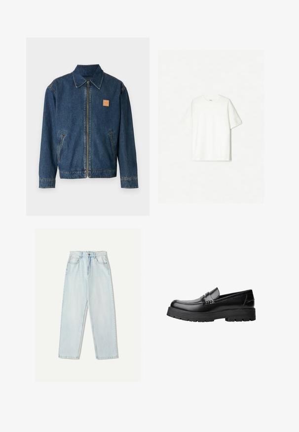 COACH ZIP FRONT JACKET - Farmerdzseki - dark wash; Fehér, rövid ujjú póló, puha pamutból készült. Környakú dizájn, laza szabással, látható logók vagy minták nélkül.; Világoskék farmernadrág, laza szabással, egyenes szárú kialakítással, öt zsebes stílussal és finom elhalványulással az anyagon.; Fekete bőr loaferek vastag, bordázott talppal és díszcsíkkal az upper rész felett, bal oldali profilmódban, fehér háttér előtt.