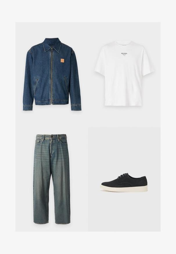 COACH ZIP FRONT JACKET - Džinsinis švarkelis - dark wash; Balta medvilnės marškinėliai su apvaliu kaklu, trumpomis rankovėmis ir spausdintu logotipo užrašu "ESS.WRD." ant krūtinės, minimalus dizainas.; Šviesiai mėlyni džinsai su laisvu siluetu, vidutinio aukščio juosmeniu ir tiesiomis kojomis. Su penkiais kišenėmis, diržo kilpo ir mygtukų uždarymu.; Juodas zomšinės batų modelis su raišteliais, su apvalia nosimi, lengvu kreminiu padu ir subtiliais mėlynos siūlės akcentais ant viršutinės dalies.