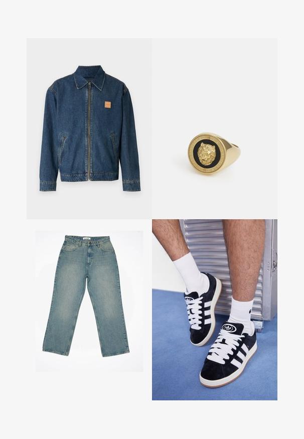 COACH ZIP FRONT JACKET - Jakna iz džinsa - dark wash; Bela majica s kratkimi rokavi, izdelana iz mehke bombažne tkanine. Ima okroglo ovratnik in sproščen kroj, z gladko teksturo in preprostim, neopremljenim dizajnom.; Svetlo modri traper hlače z visokim pasom in širokimi hlačnicami. Imajo sprednje žepe, zadrgo in vidne šive.; Črne semiš teniske z belimi vezalkami in tremi belimi črtami. Imajo okroglo črno oznako na jezičku in gumijast podplat.; Zlati prstan z dvignjenim motivom leva na črni podlagi, obdan s krožno obrobo, vklesano z imenom blagovne znamke.