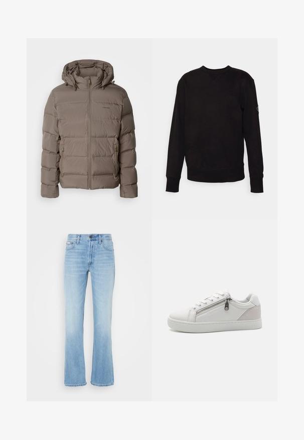 Bunda typu puffer v tlmených béžových tónoch s kapucňou, predným zipsom a bočnými zipsovými vreckami. Vyrobená z prešívanej, polstrované látky pre teplo.; Čierna mikina s okrúhlym výstrihom vyrobená z bavlny. Má rebrované manžety a lem, s malou nášivkou na ľavom rukáve. Hladký, rovný povrch.; Svetlomodré riflové zvonové nohavice s vyblednutým povrchom, piatimi vreckami, pútkami na opasok a zapínaním na gombík v páse.; Biele tenisky s hladkým koženým materiálom, kontrastným béžovým zamakom na päte a detailom so zipsom na boku.