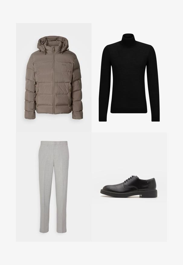 Chaqueta acolchada en beige apagado, con capucha, cierre frontal de cremallera y bolsillos laterales con cremallera. Elaborada con material acolchado y con relleno para proporcionar calor.; Jersey de cuello alto negro hecho de un material suave, con mangas largas y un ajuste ceñido. Ribete acanalado en el dobladillo y los puños. Diseño simple.; Pantalones gris claro con una textura suave, frente plano y piernas rectas. Hechos de una tela transpirable, con bolsillos internos y pasadores para cinturón.; Zapato negro de cuero con cordones, punta redondeada, textura suave, costuras mínimas y tacón bajo de goma. Logo en el tacón.