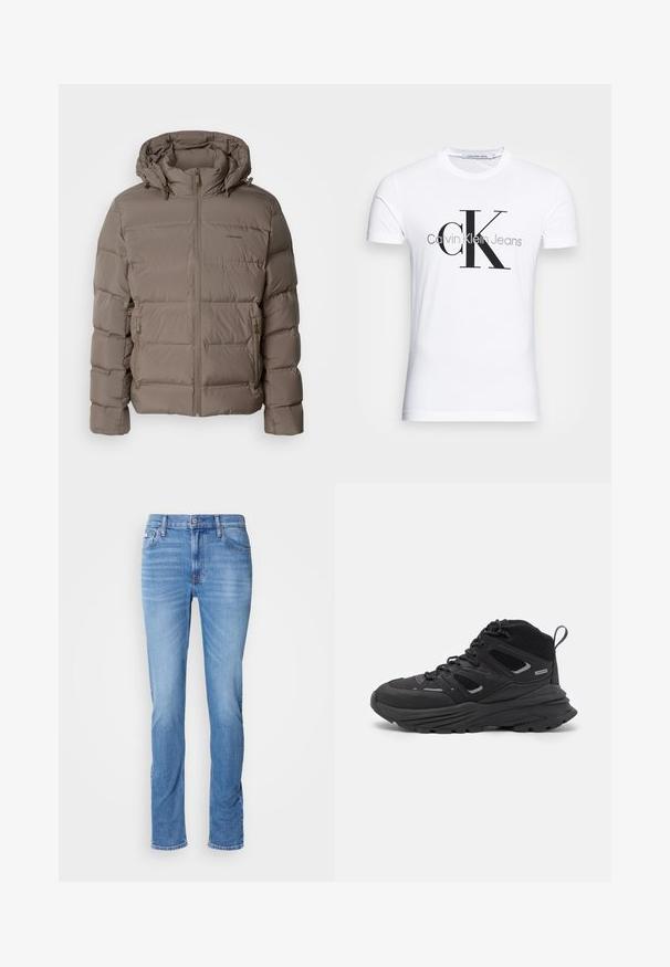 Puffer jacket in muted beige, featuring a hood, front zip closure, and side zip pockets. Made of quilted, padded material for warmth.; White cotton t-shirt featuring a black "CK" logo and "Calvin Klein Jeans" text, short sleeves, and a classic round neckline.; Light blue slim-fit jeans with front button and zip closure, five pockets, and subtle fading on thighs and knees.; Black hiking shoes featuring a layered design, textured fabric, and rubber sole, with reinforced areas and a lace-up front.