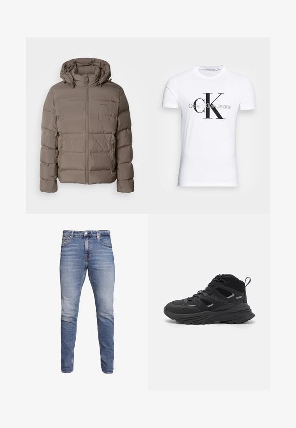 Pufferjack in gedempt beige, voorzien van een capuchon, ritssluiting aan de voorkant en zijzakken met rits. Gemaakt van gewatteerd materiaal voor warmte.; Witte katoenen t-shirt met een zwart "CK" logo en de tekst "Calvin Klein Jeans", korte mouwen en een klassieke ronde hals.; Blauwe denim jeans met een slim fit, midden taille, vijf zakken, vervaagde was en lichte slijtage aan de voorkant en achterkant.; Zwarte wandelschoenen met een gelaagd ontwerp, textiele stof en rubberen zool, met verstevigde delen en een vetersluiting aan de voorkant.