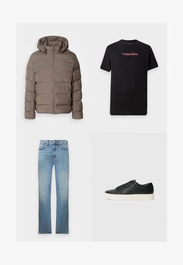 Kerged jacket mahedas beežis, millel on kapuuts, esimesed tõmblukud ja küljetaskud. Valmistatud sooja voodriga, tikkpinnaga materjalist.; Must nõelatud t-särk, millel lühikesed varrukad ja mis on valmistatud puuvillast. T-särgil on keskmise suurusega Calvin Kleini logo punastes ja valgetes toonides, ümmargune kaelus ja mugav lõige.; Helesinised teksapüksid sirge sääre lõikega, viie taskuga ja pleekinud viimistlusega. Omavad nööpidega esitõmmet ja vööaasasid.; Must have perforatsiooniga mustad nahast tossud, ümar varvas ja lame valge kummist tald. Omab musti paelu ja diskreetset logo küljel.