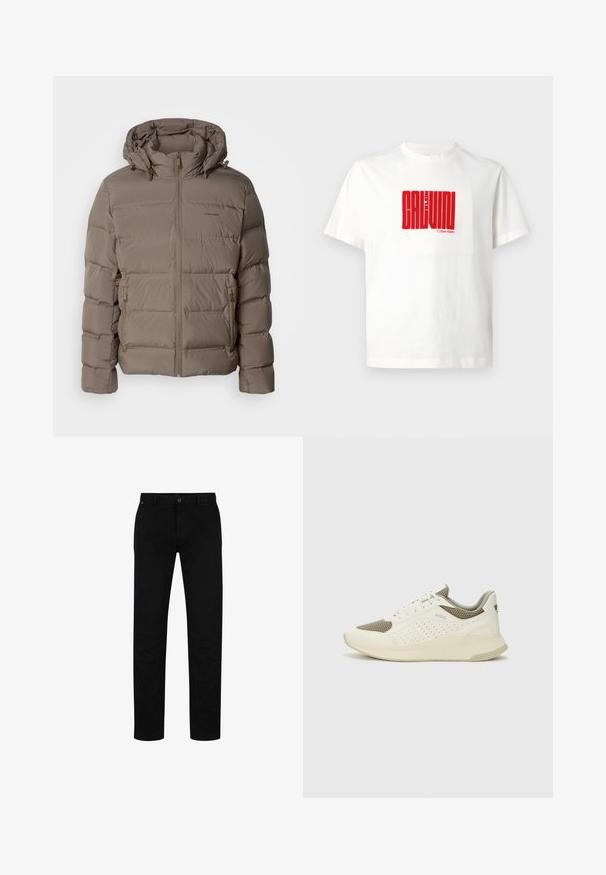 Kerged jacket mahedas beežis, millel on kapuuts, esimesed tõmblukud ja küljetaskud. Valmistatud sooja voodriga, tikkpinnaga materjalist.; Valge puuvillane T-särk, mille esit küljel on suur punane graafikatrükk "CALVIN KLEIN", ümmarguse kaelusega ja lühikeste varrukatega.; Mustadest puuvillast püksid sirge lõikega, nupuga kinnitamise, vöökonksude ja minimalistliku disainiga. Sile tekstuur, ilma mustriteta.; Valge ja heledat beeži värvi spordijalats, millel on õhuke võrkmaterjal, perforatsioonidega detailid ning tekstuuriga vahetald, millel on brändi logo kannaosas.