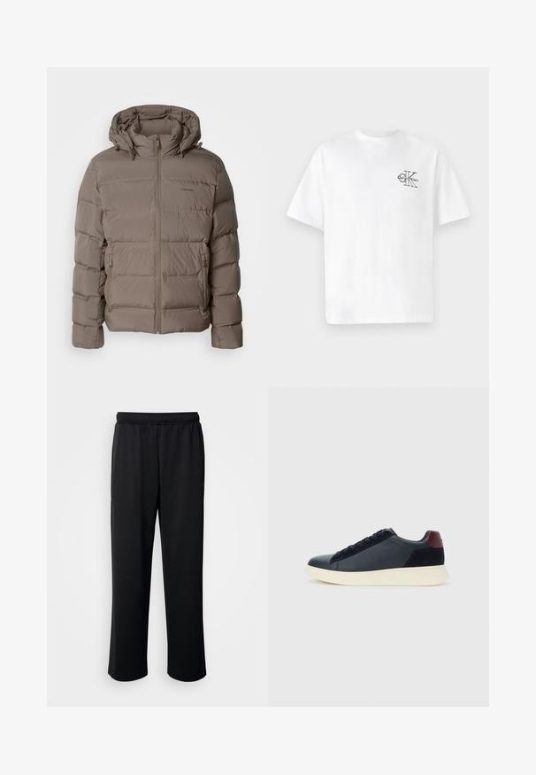 Casaco tipo puffer em bege suave, com capuz, fecho frontal de zíper e bolsos laterais com zíper. Feito de material acolchoado e almofadado para aquecimento.; T-shirt de algodão branco com mangas curtas, gola redonda, apresentando um logo CK preto na área do peito esquerdo, ajuste padrão, textura suave.; Calças de atletismo pretas feitas de um tecido suave e respirável. Apresentam uma cintura elástica e pernas straight, sem detalhes ou padrões proeminentes.; Sapatilha baixa masculina em couro preto e camurça com aba de calcanhar em amarelo-escuro e sola de borracha branca, vista do lado exterior.