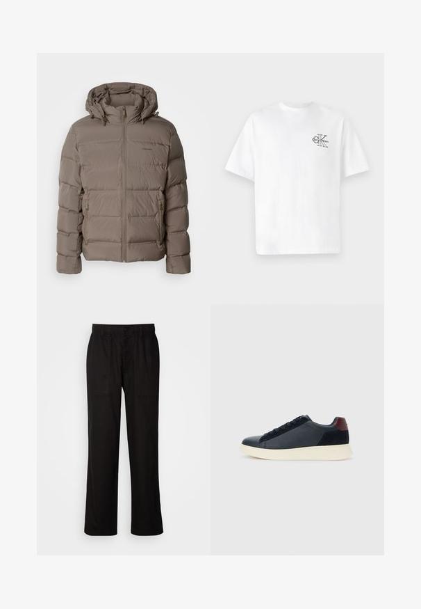 Pufová bunda v tlumené béžové barvě, s kapucí, vpředu na zip a s postranními kapsami na zip. Vyrobena z prošívaného, polstrovaného materiálu pro teplo.; Bílý bavlněný tričko s krátkým rukávem, kulatým výstřihem, s černým logem CK na levé části hrudníku, standardní střih, hladká textura.; Černé kalhoty s uvolněným střihem, vyrobené z lehké tkaniny. Mají elastický pas, knoflíkový uzávěr a dvě přední kapsy.; Nízké pánské tenisky z černé kůže a semiše s vínovým patním páskem a bílou gumovou podrážkou, pohled z vnější strany.