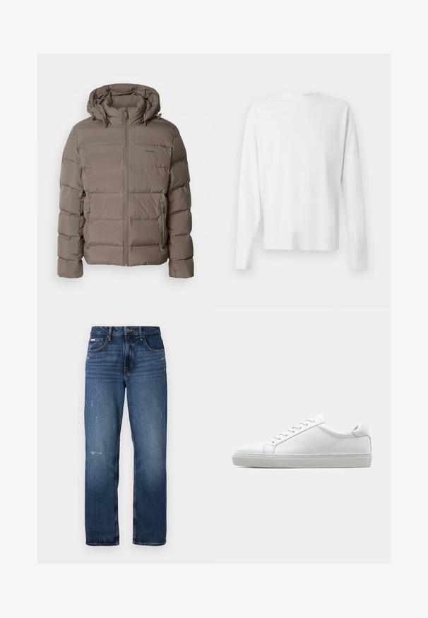 Lettejakke i dæmpet beige, med hætte, lynlås foran og sidelommer med lynlås. Lavet af quiltet, polstret materiale for varme.; Langærmet hvid bomulds skjorte med rund halsudskæring, sideslids i bunden og en glat overflade, vist bagfra.; Blå denim jeans med lige ben design. Har slidte områder og let slitage på forsiden, med en klassisk knaplukning.; Hvide sneakers med en glat læderoverdel og lav profil. Har en rund tå, seks snørehuller og en tekstureret gummisål.