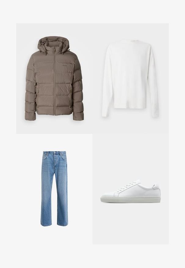 Lettejakke i dæmpet beige, med hætte, lynlås foran og sidelommer med lynlås. Lavet af quiltet, polstret materiale for varme.; Langærmet hvid bomulds skjorte med rund halsudskæring, sideslids i bunden og en glat overflade, vist bagfra.; Lyseblå denim jeans med lige ben-design, fem lommer, knaplukning, minimal falming og kontraststingdetaljer.; Hvide sneakers med en glat læderoverdel og lav profil. Har en rund tå, seks snørehuller og en tekstureret gummisål.