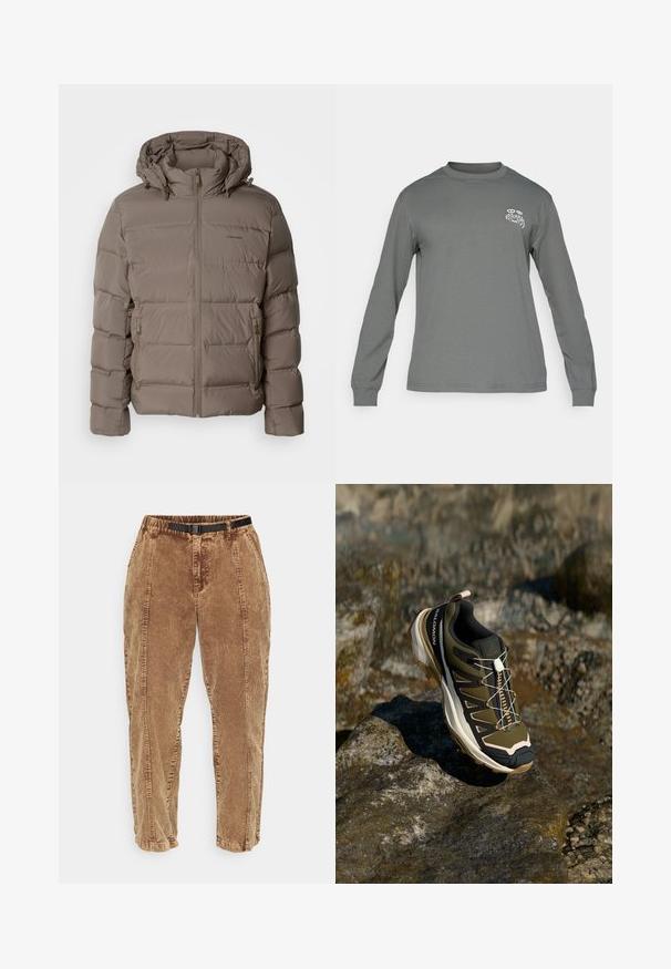 Lettejakke i dæmpet beige, med hætte, lynlås foran og sidelommer med lynlås. Lavet af quiltet, polstret materiale for varme.; Langærmet skjorte i grå stof med runde halsudskæring og et hvidt grafisk logo på venstre bryst. Glat tekstur og enkelt design.; Brune fløjlshorts med en tekstureret overflade, der har et justerbart sort bælte, sidelommer og en afslappet pasform. Bukserne snævrer ind mod anklerne.; Vandrestøvle i olivengrøn og sort med pink accenter. Har en tekstureret overdel, fleksibel sål, forstærket tåhætte og farverigt snøresystem.