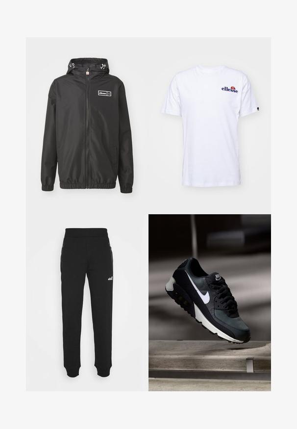 Ellesse ZOBILA - Lichte jas - black; Witte katoenen T-shirt met korte mouwen, voorzien van een marineblauw geborduurd logo op de linkerborst en een levendige kleurenaccent boven het logo.; Zwarte sweatpants van zacht materiaal hebben een taps toelopend ontwerp, een elastische tailleband, zijzakken met ritsen en een klein logo-accent.; Zwarte en groene sneaker met een gemêleerde mesh bovenkant, witte swoosh-logo, gewatteerde kraag en een zichtbare luchtkusseneenheid in de zool.