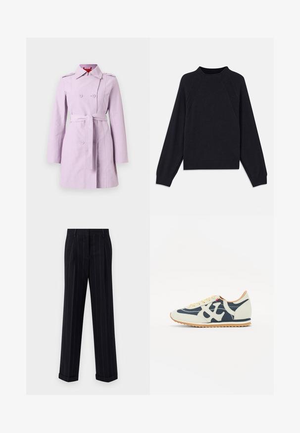 Levandulový trenčkot vyrobený z lehkého materiálu, s dvouřadým zapínáním, páskem v pase a ramenními epauletami.; Tmavě námořnický svetr s kulatým výstřihem, dlouhými raglánovými rukávy, žebrovanými manžetami a rovním lemem. Vyroben z měkké, texturované pleteniny.; Černé pruhované kalhoty s úzkým střihem, se zúženým lemem a předními sklady. Vyrobené z hladkého materiálu se strukturovaným designem.; Tenisky se směsí krémových, námořnických a svrškových materiálů, šněrováním, diagonálním prošíváním a gumovou podrážkou s dobrou přilnavostí.