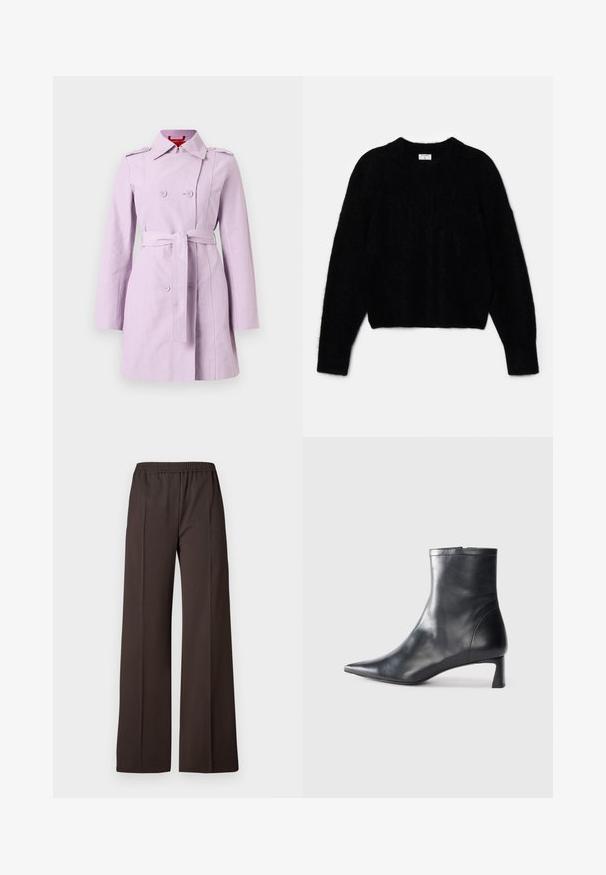 Lavendli trench coat, mis kandeel on kerge kangas, kahekordse nööbistusega, vööga taljes ja õlavarre epauletidega.; Must beebi, mis on tehtud karvase materjali jaoks. Omab ümarat kaelust ja pikki varrukaid, millel on pehme tekstuur. Minimalistlik disain, ilma mustriteta.; Laiad sääred tumedast pruunist kangast püksid, elastse vöökohtaga, millel on sile tekstuur ja puhtad jooned, et saavutada kohandatud välimus.; Mustad mustall nahkasaabas terava nina ja stiilse disainiga. Omab madalat konts ja luku sulgemist taga. Sile tekstuur.