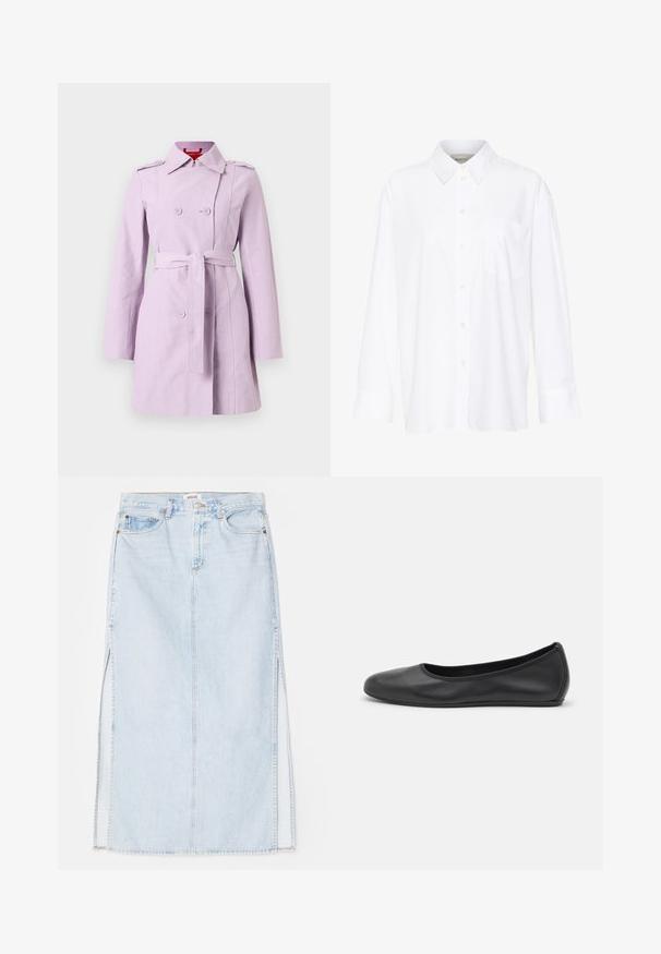 Levanduľový trenčkot vyrobený z ľahkého materiálu, so zapínaním na dvojradové gombíky, opaskovým pásom a ramennými vycpávkami.; Biela košeľa s dlhým rukávom a golierom vyrobená z bavlny. Má zapínanie na gombíky vpredu a jednu náprsníku vrecko. Hladká textúra, voľný strih.; Svetlo modrá dlhá riflová sukňa so strihom na rovno, s bočnými rozparkami a dizajnom s piatimi vreckami. Výrazné prešívanie a kovový zips na zapínanie.; Čierne kožené baleríny s okrúhlou špičkou, hladkým povrchom, minimálnym prešívaním a flexibilným dizajnom podrážky.