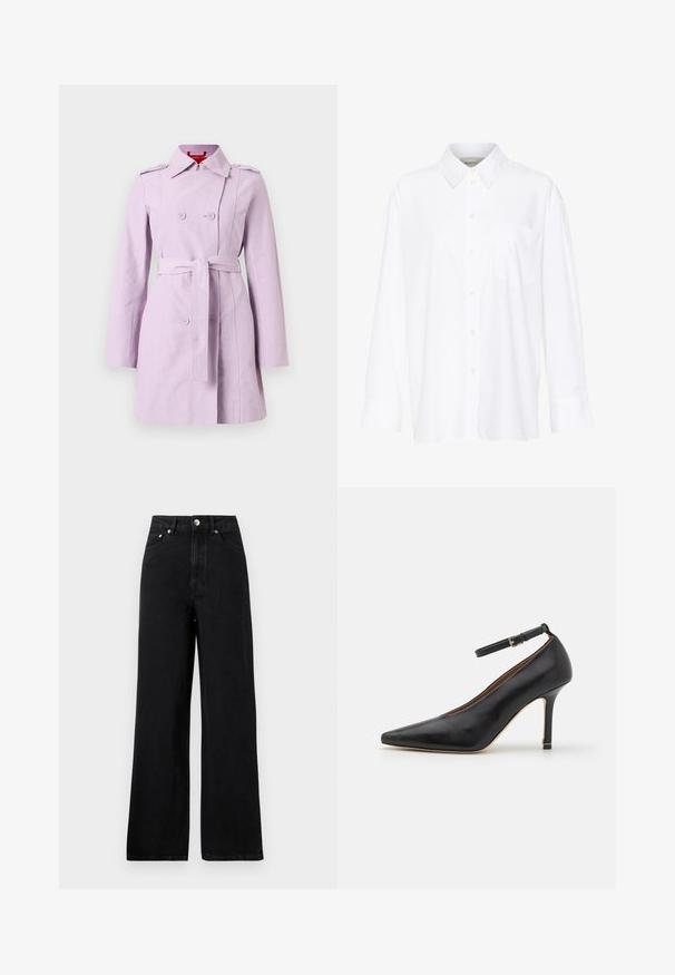 Cappotto trench lilla realizzato in tessuto leggero, con design doppiopetto, vita derivata da cintura e spalline.; Camicia bianca a maniche lunghe con colletto in cotone. Caratterizzata da una chiusura con bottoni e una tasca sul petto singola. Tessuto liscio, vestibilità comoda.; Jeans in denim nero a vita alta con un design a gamba larga, dotati di cinque tasche e dettagli in metallo argentato. Tessuto complessivamente morbido.; Scarpa nera in pelle con tacco alto, punta affusolata, cinturino alla caviglia e tacco sottile. Texture liscia con un accento dorato alla base del tacco.