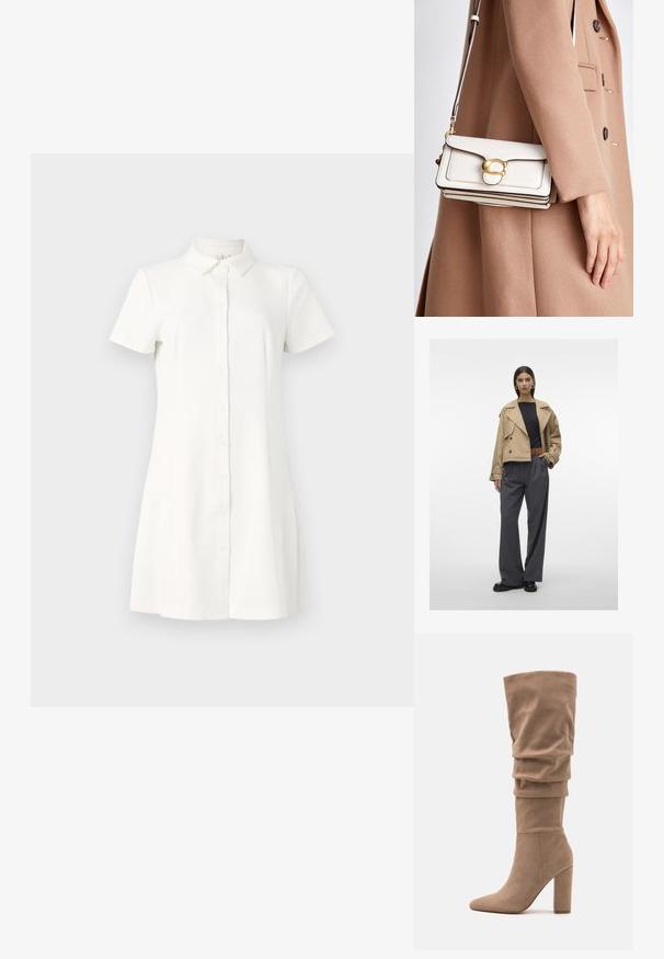 Bežani skrajšan trench plašč z velikim ovratnikom, dvoredno zapenjanje, v kombinaciji s temnosivimi plisiranimi širokimi hlačami in črnimi čevlji.; Kratke rokave, oblačilo s gumbi iz belega blaga. Ima ovratnik, razširjen rob in dva stranska žepa. Gladka tekstura s klasičnim dizajnom.; Anna Field Škornji - beige; Bela usnjena torbica za čez ramo z zlatim zapiranjem, ki ima strukturirano zasnovo, kontrastne robove in tanek nastavljiv trak.