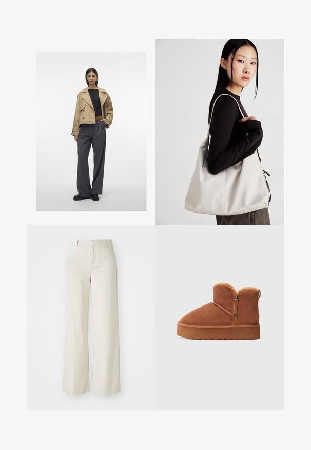 Beige cropped trench coat with large collar, double-breasted design, paired with slate gray pleated wide-leg trousers and black shoes.; Cream-colored cropped sweater with a high neckline, textured knit body, and herringbone-patterned sleeves. Made of soft yarn material.; Wide-leg trousers in a light beige color, made of a smooth fabric. Features a classic waistband and flat front with clean lines.; Brown suede ankle boot with platform sole, side zipper, and fur lining visible at the top edge.; Beige handbag made of soft material, featuring a slouchy design, stitched detailing, and two shoulder straps. Suitable for everyday use.