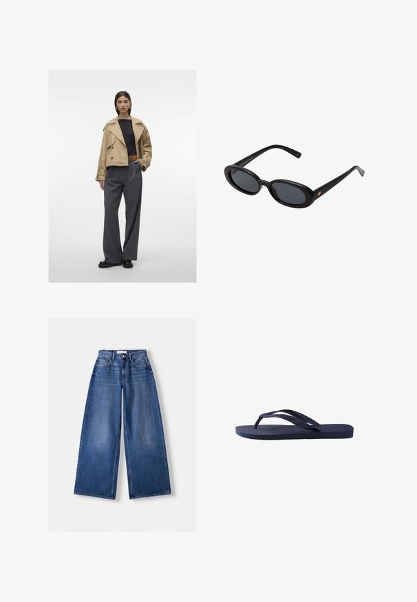 Beżowy krótki płaszcz trench z dużym kołnierzem, podwójnym zapięciem, w połączeniu z szarymi, plisowanymi spodniami o szerokich nogawkach i czarnymi butami.; Biała bawełniana koszulka z krótkim rękawem, okrągłym dekoltem i gładką fakturą. Tył jest gładki, bez dodatkowych wzorów czy zdobień.; Bershka WIDE granatowy; Granatowe klapki z teksturowanymi paskami i podeszwą z gumy, z falistym wzorem na paskach oraz płaską, żłobioną wkładką.; Czarne, oversize okulary przeciwsłoneczne z owalnymi soczewkami, gładkim plastikowym mostkiem i złotymi akcentami na zausznikach. Ciemne soczewki zapewniają ochronę przed słońcem.