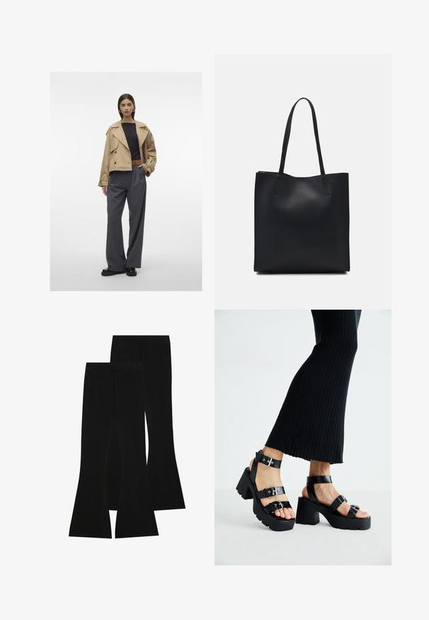 Beige cropped trenchcoat med stor krave, dobbeltradet design, parret med skifergrå plisserede buksestørrelse med brede ben og sorte sko.; Sort T-shirt lavet af bomuld, med korte ærmer over et hvidt langærmet lag med et subtilt tekstureret mønster. Design med rund hals.; Sorte flagrende bukser lavet af strækstof, med en høj talje og en glat tekstur, i et tætsiddende design der flares ud fra knæet.; Sorte platfromsandaler med kraftige, skridsikre såler og flere stropper, der har metalspænder og en glat læderlignende tekstur.; Sort læder tote taske med glat tekstur, rektangulær form og to lange hanke. Ingen synlig hardware eller udsmykninger.