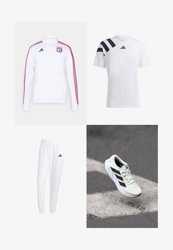 White athletic jacket with zip, featuring red and blue stripes on sleeves, and an Olympic Lyonnais logo on the chest. Made from synthetic material.; White lightweight athletic shirt with black stripes on the left shoulder and black logo on the chest. Short sleeves, crew neck design.; White athletic pants made of smooth fabric, featuring an elastic waistband and fitted cuffs, with a black logo on the back pocket.; White athletic shoe with textured mesh upper, black stripes, lace closure, and a cushioned sole, levitating above a marked road surface.