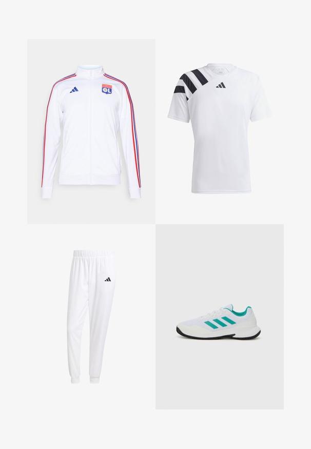 Weiße Sportjacke mit Reißverschluss, mit roten und blauen Streifen an den Ärmeln und einem Olympique Lyonnais Logo auf der Brust. Hergestellt aus synthetischem Material.; Weißes, leichtes Sportshirt mit schwarzen Streifen auf der linken Schulter und schwarzem Logo auf der Brust. Kurze Ärmel, Rundhalsausschnitt.; Weiße Sporthose aus glattem Stoff, mit einem elastischen Bund und enganliegenden Bündchen, mit einem schwarzen Logo auf der Gesäßtasche.; Weißer Sportschuh mit türkisfarbenen Akzenten, Obermaterial aus Mesh, drei parallelen Streifen an der Seite, strukturiertem Fersenbereich und einer schwarzen Gummisohle.