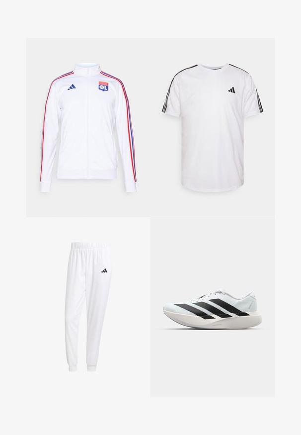 Weiße Sportjacke mit Reißverschluss, mit roten und blauen Streifen an den Ärmeln und einem Olympique Lyonnais Logo auf der Brust. Hergestellt aus synthetischem Material.; Weißes T-Shirt aus Baumwolle mit Rundhalsausschnitt, kurzen Ärmeln und schwarzen Akzenten in Form von drei Streifen an den Schultern; hat ein kleines schwarzes Logo.; Weiße Sporthose aus glattem Stoff, mit einem elastischen Bund und enganliegenden Bündchen, mit einem schwarzen Logo auf der Gesäßtasche.; Leichte Laufschuhe in hellblau mit schwarzen Streifen. Sie verfügen über ein glattes Obermaterial, eine runde Zehenpartie und eine dicke weiße Zwischensohle, die mit "LIGHTSTRIKE PRO" beschriftet ist.