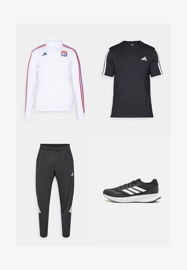 Biela športová bunda na zips, s červenými a modrými pruhmi na rukávoch a logom Olympique Lyonnais na hrudi. Vyrobené z polyesterového materiálu.; Čierne tričko z bavlny s krátkymi rukávmi, s bielymi pruhmi na pleciach a bielym logom na ľavej hrudi.; Čierne športové nohavice so zúženými nohavicami, elastickým pásom, bočnými vreckami a bielym logom a pruhmi. Vyrobené z hladkého, ľahkého materiálu.; Čierna športová obuv s priedušným sieťovaným zvrškom, bielymi akcentmi a polstrovanou podrážkou. Na bočnej strane sa nachádza logo so tromi pruhmi.