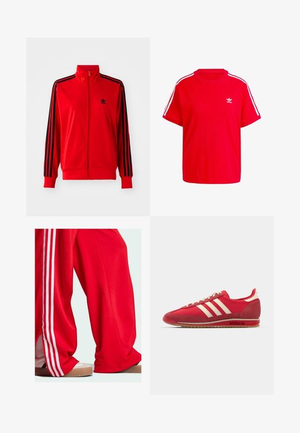 Punane tõmbluku pusa, mis on valmistatud siledast kangast, mustade külgribadega, kõrgema kraega ja väikese musta logoga rinnal.; Punane puuvillane T-särk ümmarguse kaelusega, lühikeste varrukatega, valged kolmestriibulised aktsendid õlgadel ja väike valge logo rinnal.; Punased treeningpüksid valgete triipudega külgedel, lahtise lõikega ja tõmblukk detailiga allservas. Seljas heledates toonides spordijalatsid.; Punane sportlikki king, millel on tekstuuriga ülemine osa, kolm valget triipu, ümmargune varvas ja kummist tallaga, millel on logo detailid küljel.