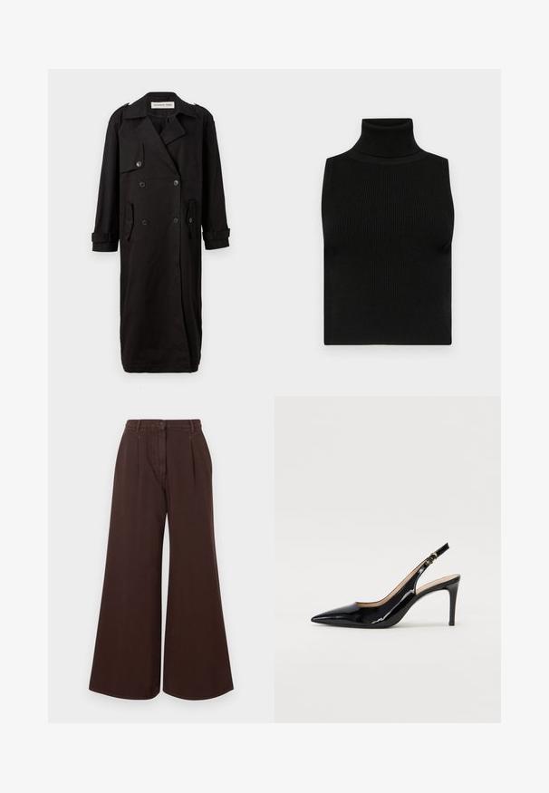 Manteau noir en tissu lisse, avec un devant croisé, des épaulettes, et des poches latérales avec des poignets retroussés.; Haut sans manches noir avec col roulé, texture côtelée et coupe ajustée. Tissu lisse avec un col haut et sans embellissements supplémentaires.; Pantalons marron à taille haute et jambes larges avec fermeture à bouton et zipper, passants de ceinture et plis sur le devant.; Pompe slingback en cuir verni noir avec un bout pointu, un talon fin et un design de découpes subtil. Elle dispose d'une boucle dorée sur la sangle.