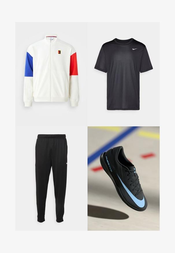 Balta ar rāvējslēdzēju aizdare jaka ar ziliem un sarkaniem krāsu blokiem piedurknēm. Iekļauj Nike logotipa uzlīmi un stāvošu apkakli. Gluda auduma tekstūra.; Melna sporta t-krekls ar īsām piedurknēm, apaļu kakla izgriezumu, izgatavots no gludas auduma. Uz kreisās puses augšējā daļā ir neliels balts Nike logotips.; Melnas sporta bikses, kas izgatavotas no gludas auduma, ar elastīgu jostu, sašaurinošām kājām un mazu balto logo kreisajā pusē.; Melnas sporta apavas ar ziliem akcentiem, teksturēta virsma, auklu dizains un izteiksmīga Nike logo. Gumijas zole ar saķeres rakstiem.