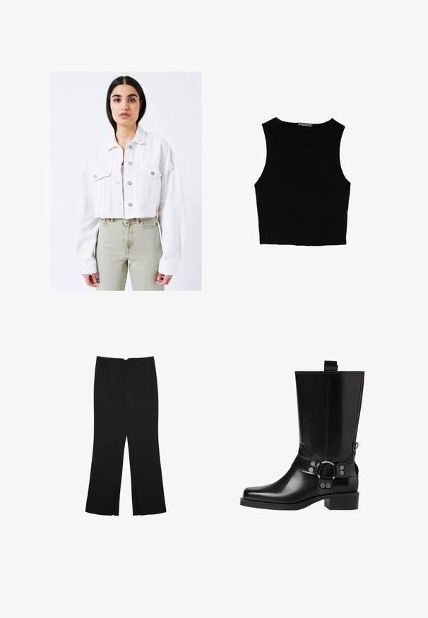 Valkoinen lyhyt farkkutakki pitkillä hihoilla, jossa on hopeiset napit, kaksi rintataskua ja repaleinen helma, yhdistettynä vaaleanvihreisiin farkkuihin.; Musta hihaton crop-top, joka on valmistettu sileästä kankaasta, jossa on pyöreä kaula-aukko ja siisti, yksinkertainen muotoilu ilman kuvioita tai varusteita.; Mustat housut suoralinjaisella leikkauksella, joissa on etutaskut ja sivurei'ät helman alla. Valmistettu pehmeästä ja sileästä kankaasta. Sopii eri tilaisuuksiin.; Musta nahkasaapas polven yläpuolelle, jossa on terävä kärki, hopeiset solkiyksityiskohdat ja paksu korko. Varustettu vetotapilla helppoa pukemista varten.