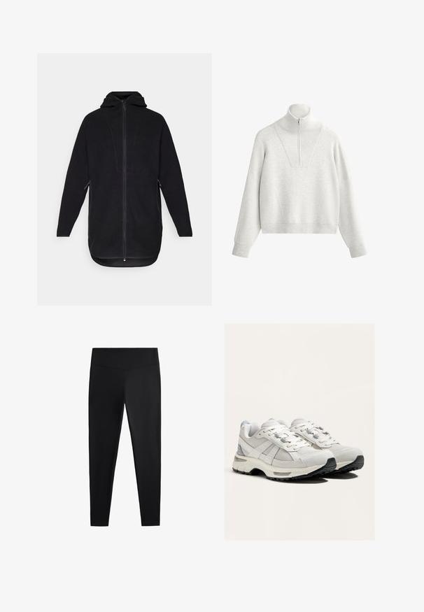 Fekete polár dzseki cipzárral elöl, kapucnival és oldalsó zsebekkel. Texturált felülettel és ívelt heméllyel rendelkezik, így laza illeszkedést biztosít.; Világosszürke pulóver magas gallérral, félig cipzárral és bordázott textúrával. Dobozos fazon, eső vállakkal és strukturált kialakítással.; Fekete leggings sima, rugalmas anyagból. Széles derékpánt és szűkülő lábzárás jellemzi, alkalmas aktív vagy laza viseletre.; Könnyű futócipők fehér és szürke színben, hálós és velúr anyagokkal, fűzős záródással, párnázott talppal és texturált fekete talppal.
