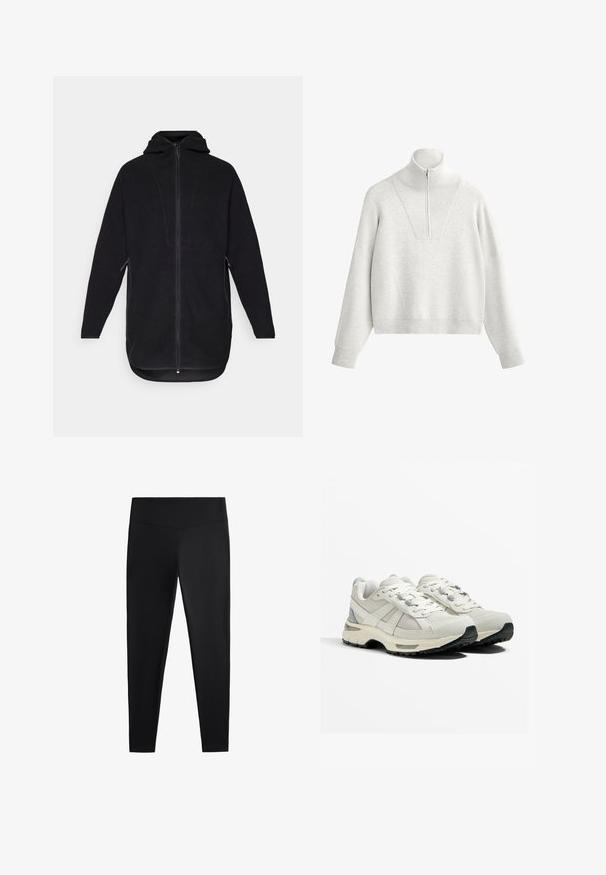 Fekete polár dzseki cipzárral elöl, kapucnival és oldalsó zsebekkel. Texturált felülettel és ívelt heméllyel rendelkezik, így laza illeszkedést biztosít.; Világosszürke pulóver magas gallérral, félig cipzárral és bordázott textúrával. Dobozos fazon, eső vállakkal és strukturált kialakítással.; Fekete leggings sima, rugalmas anyagból. Széles derékpánt és szűkülő lábzárás jellemzi, alkalmas aktív vagy laza viseletre.; Könnyű futócipők bézs és szürke színben. Háló felsőrész, gumi talp, erősített fűzőlyukakkal ellátott fűzők, és texturált sarokdísz.